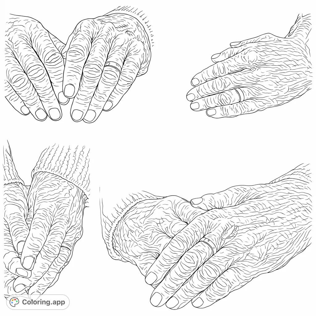 Explore the intricate details of elderly hands, featuring deep lines and a wedding band. A serene and reflective coloring experience celebrating life's journey.