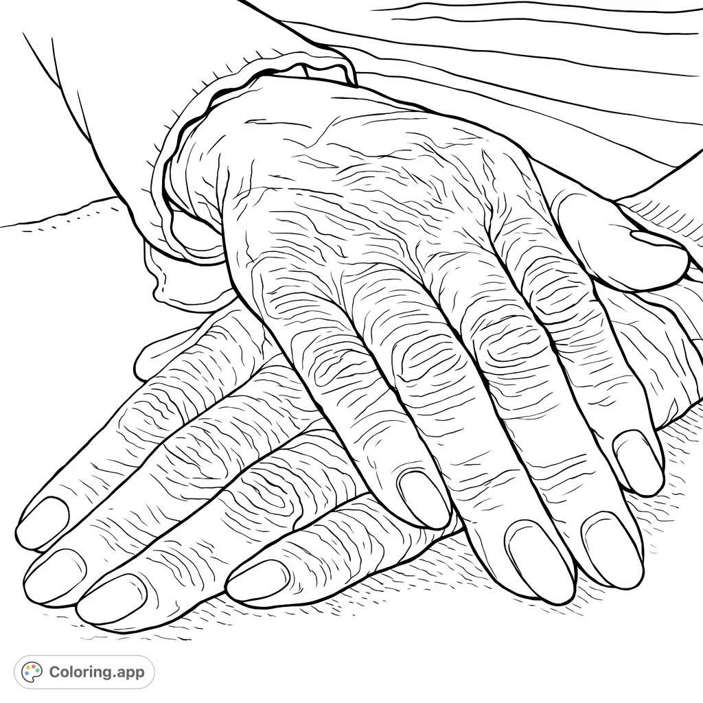 Discover a detailed coloring page of aged hands resting gently, inviting reflection and creative expression on the beauty of life's journey.