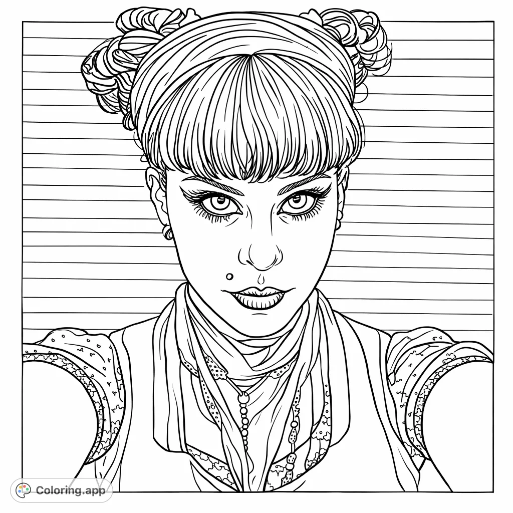 Explore your creativity with this alternative portrait coloring page, featuring a stylized character with bold makeup, distinct hair, and textured attire against a corrugated background.