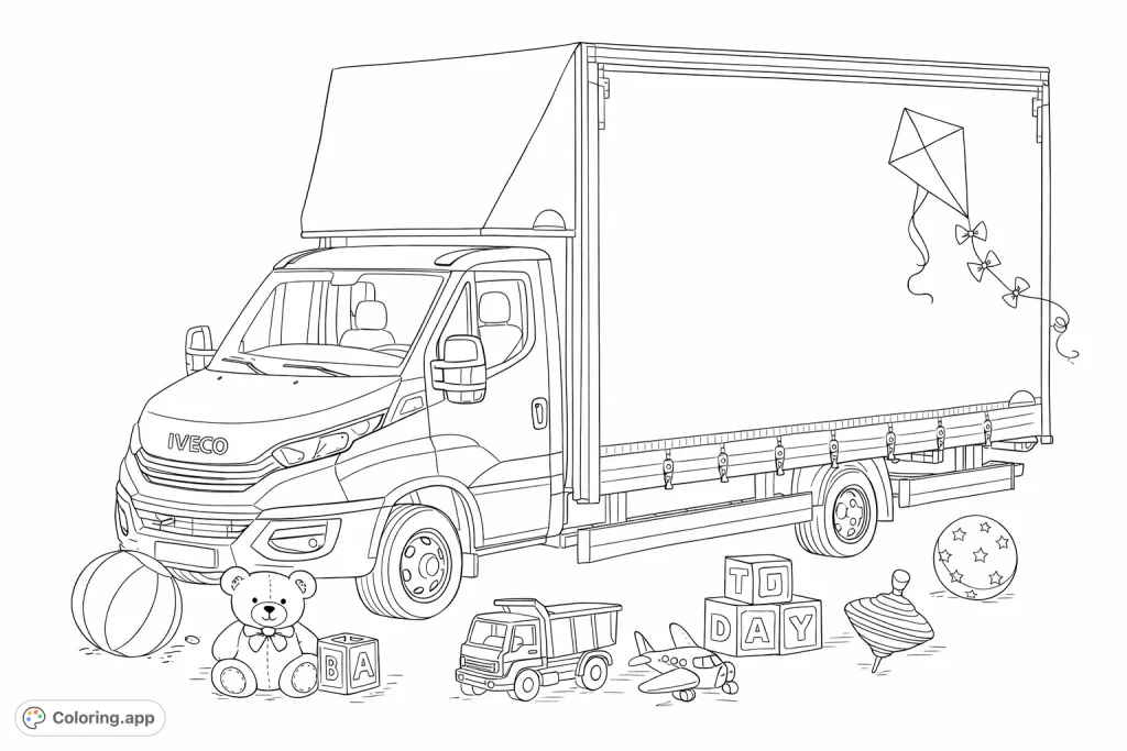 Explore the world of transportation with this detailed modern delivery truck coloring page, featuring a fun toy element for extra playfulness.