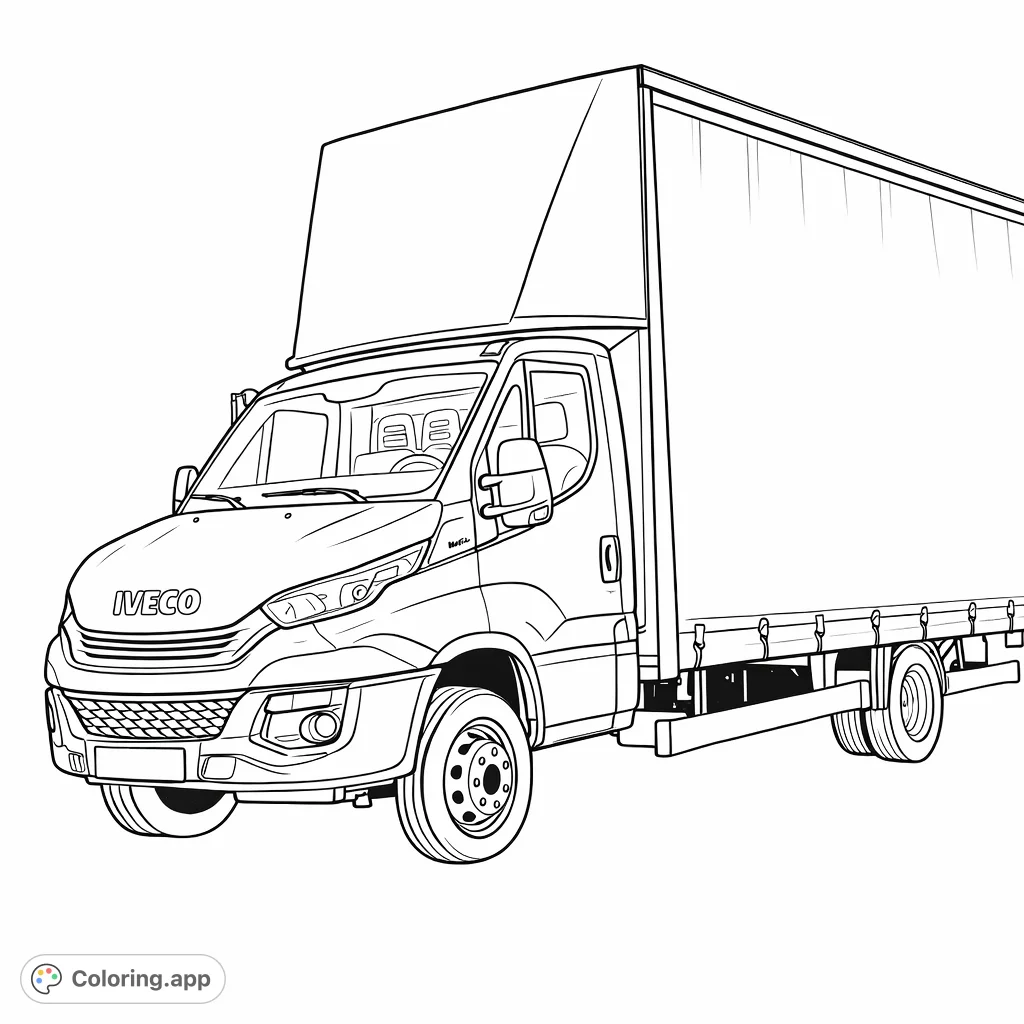 Color a modern delivery truck featuring a detailed cabin, large cargo box, and realistic wheels. Perfect for vehicle enthusiasts to personalize with their own fleet designs.