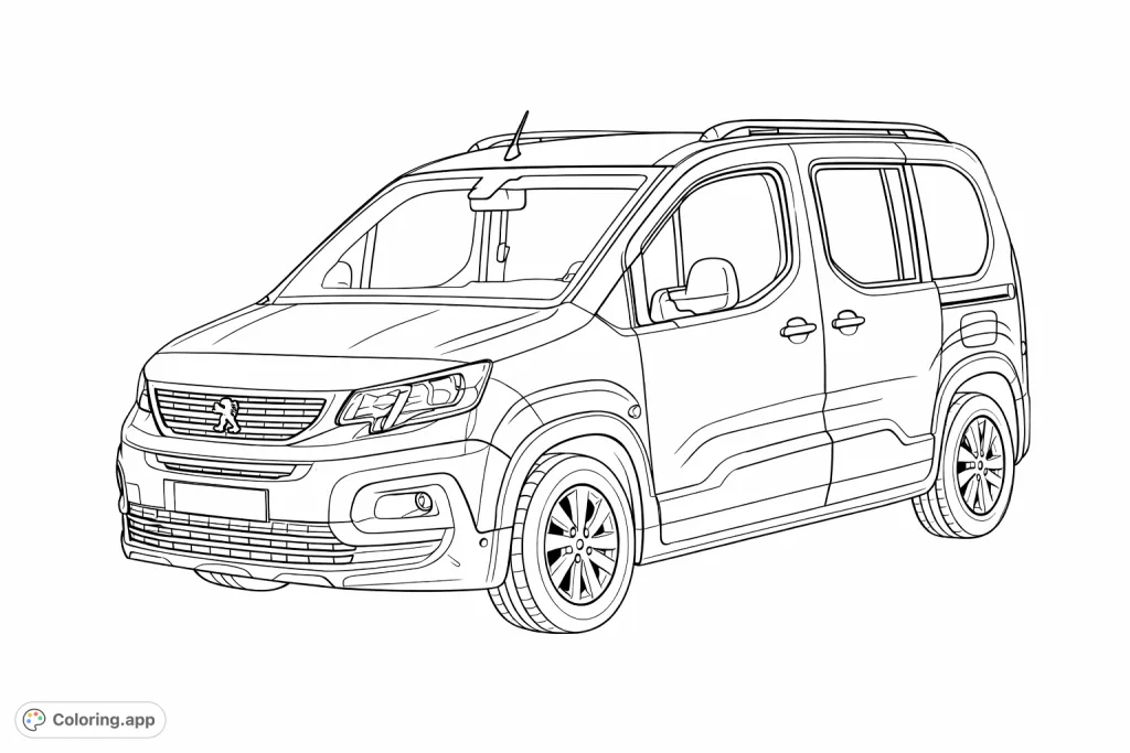Detailed modern passenger van coloring page, perfect for vehicle enthusiasts. Explore intricate lines and shapes, ready for your creative touch.