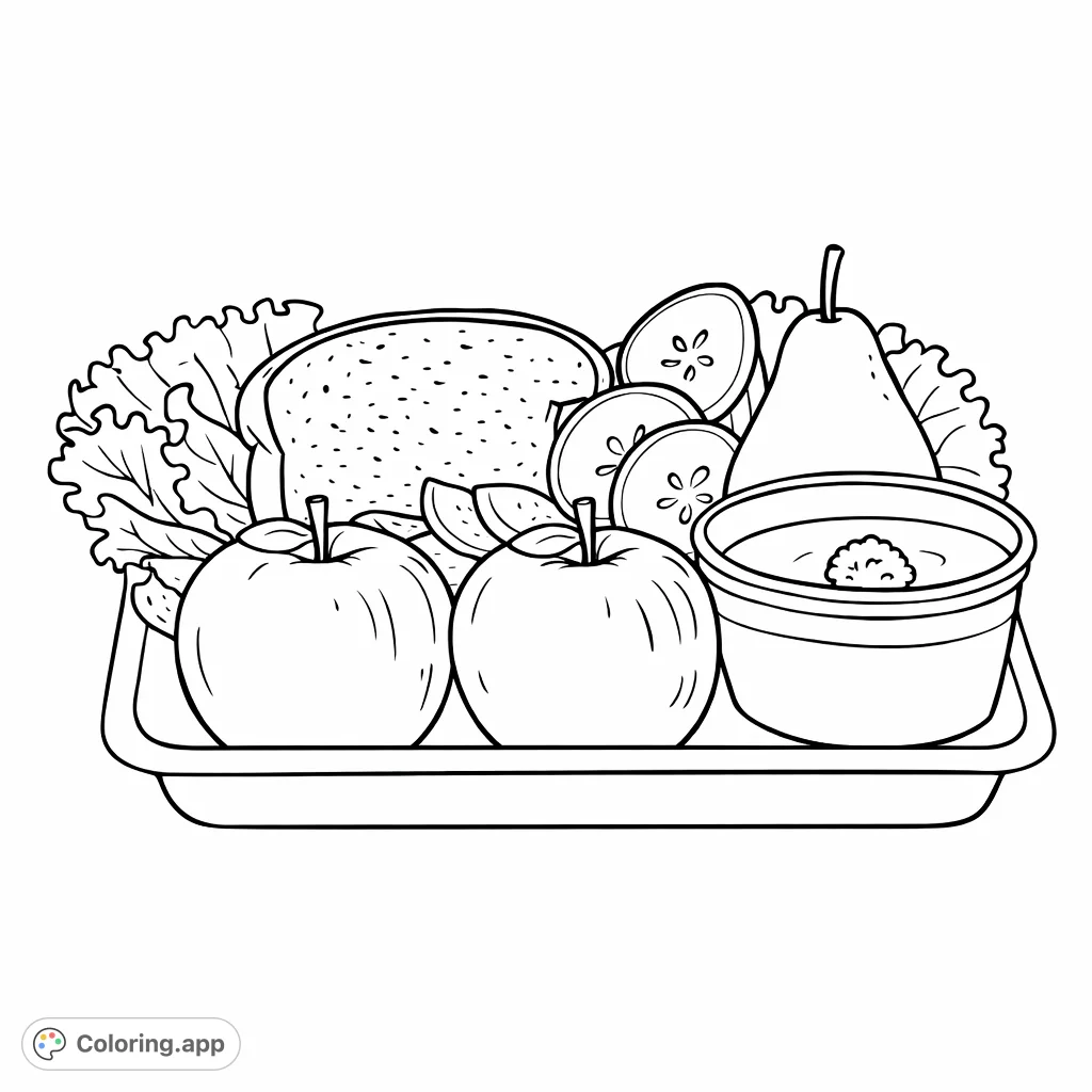 A delightful healthy lunch tray featuring apples, pear, sandwich, veggies, and soup, ready for creative coloring fun and promoting good eating habits.