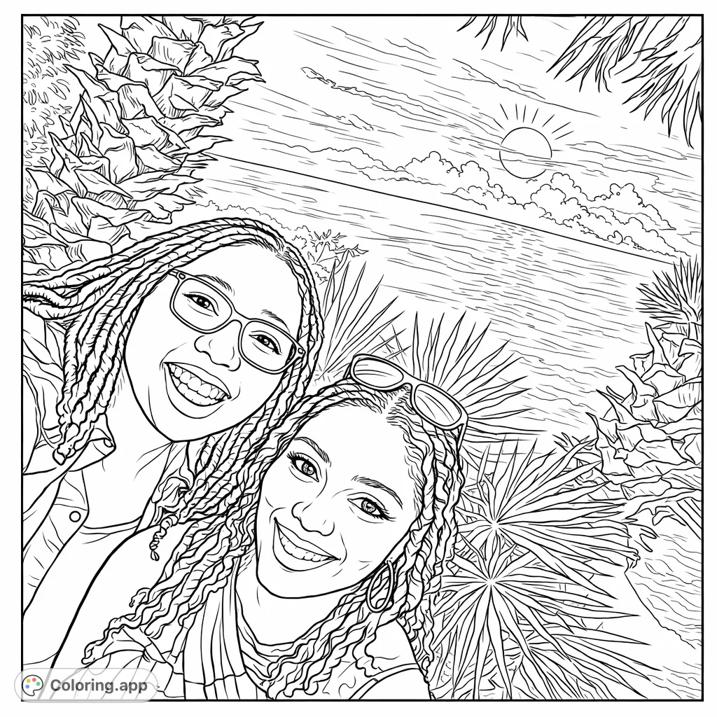Two smiling women in a tropical setting, framed by palm trees with a scenic ocean and sky in the background. A cheerful moment captured.