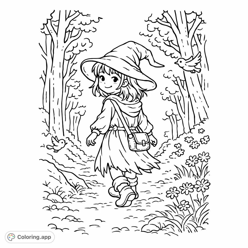 Embark on a charming forest adventure with a little wanderer in a wizard hat, exploring a path filled with nature's delights. A whimsical scene for all ages.