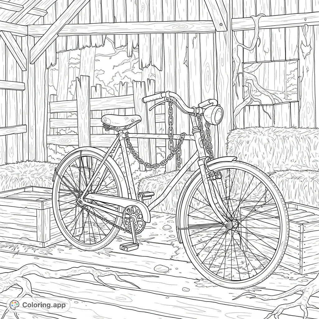 Discover a rustic barn find bicycle, adorned with rusty chains, amidst hay and wooden crates within an old barn on a forest trail. Perfect for detail-oriented colorists.