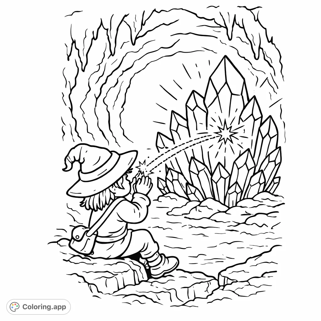 A young wizard apprentice discovers powerful glowing crystals in a mysterious cave. A fantastical scene perfect for an enchanting coloring adventure.