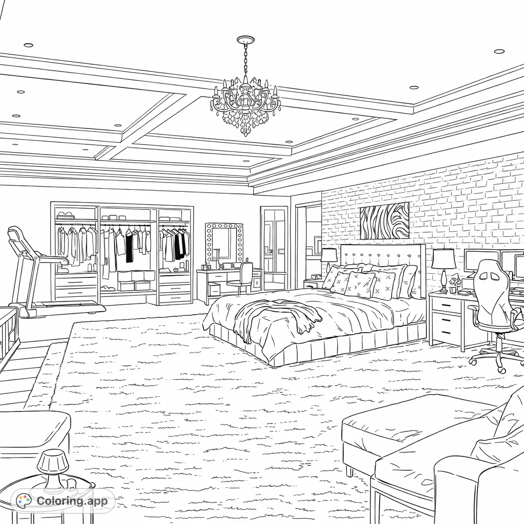 Step into a sophisticated bedroom with plush furnishings, a detailed desk setup, and elegant lighting. Perfect for interior design enthusiasts!