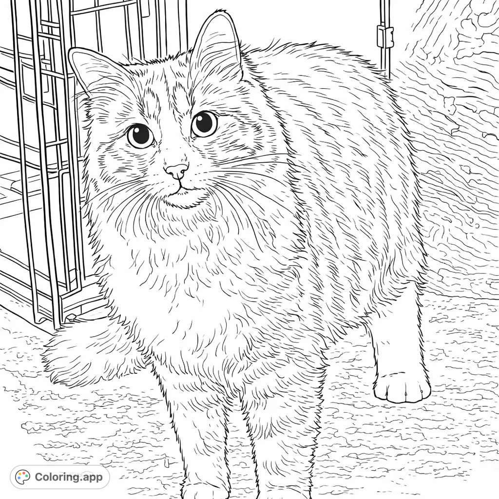 A charming fluffy domestic cat coloring page with expressive eyes and a detailed fur pattern. Perfect for animal lovers of all ages to enjoy.