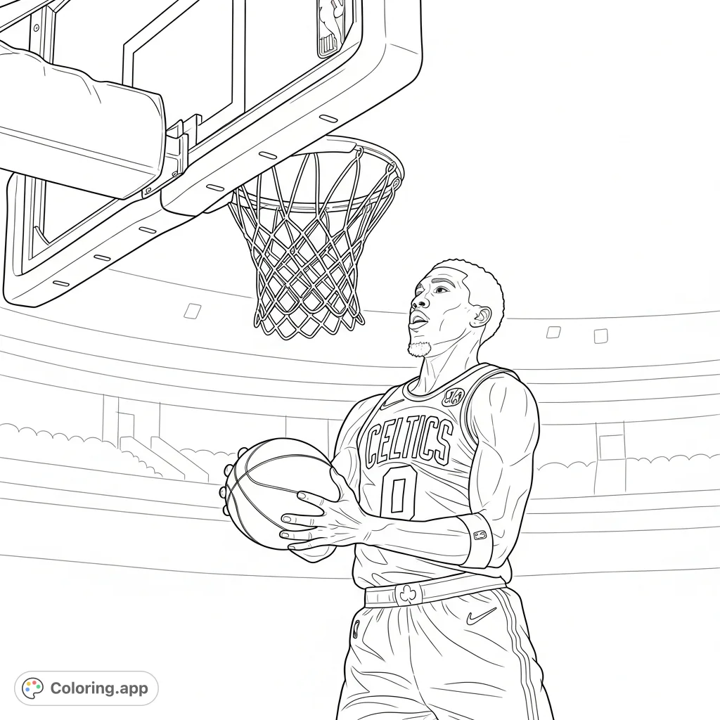 Capture the power of Jayson Tatum mid-dunk! This dynamic coloring page features the Celtics star, number 0, soaring towards the hoop for an epic slam.