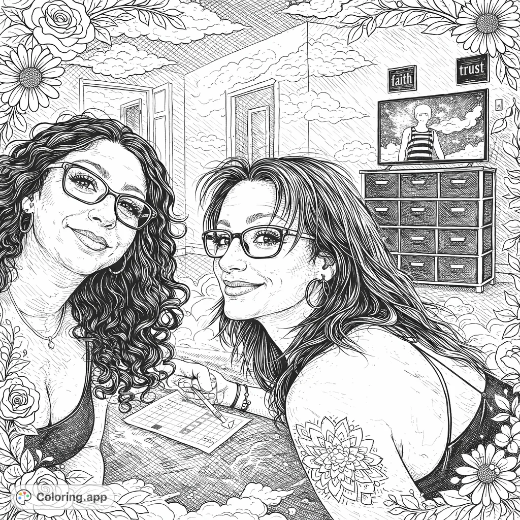 A unique friends coloring page featuring two individuals in a dreamlike setting, enhanced with decorative elements and surreal touches. Perfect free printable coloring page for adults.
