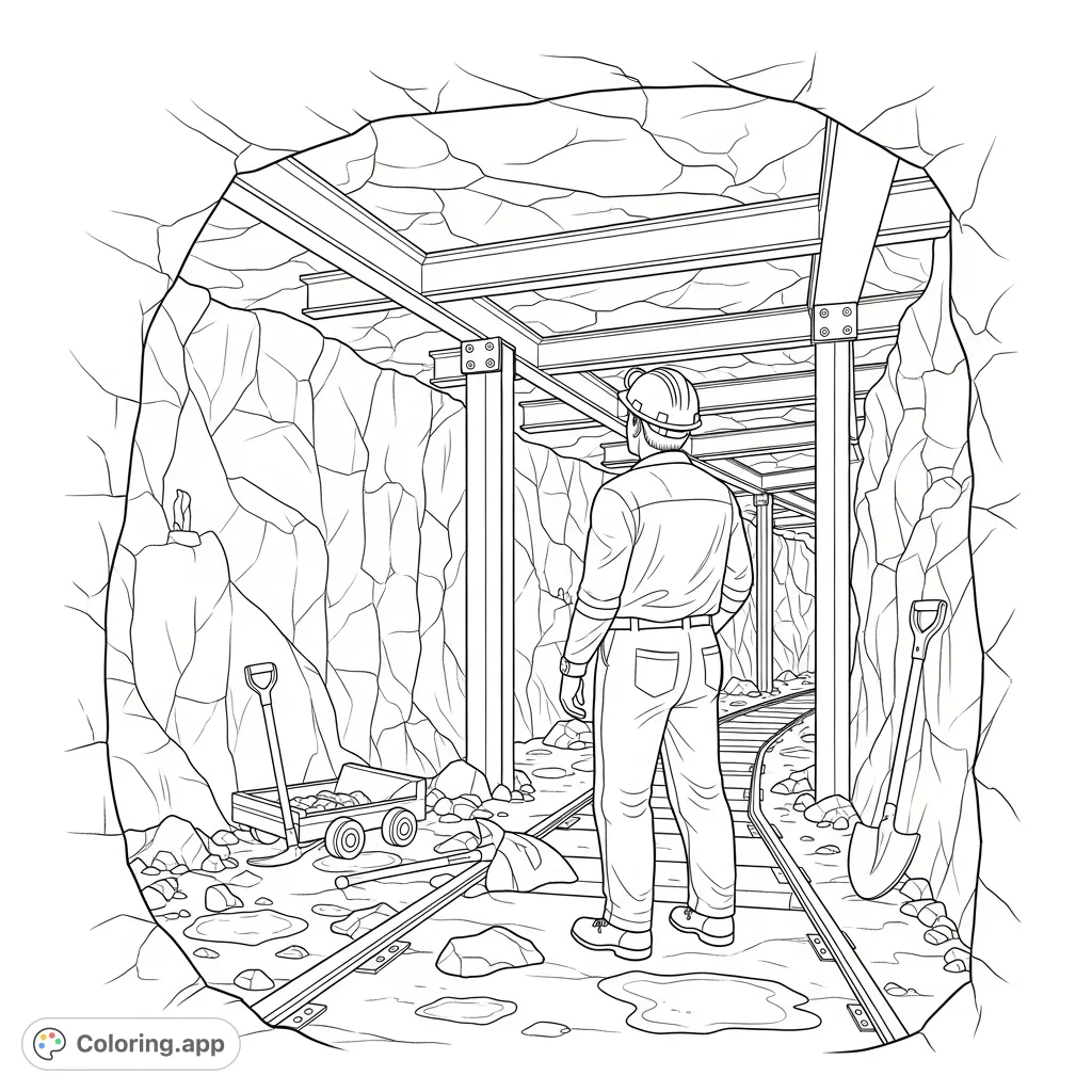 Explore an underground environment coloring page featuring a worker carefully surveying a mine shaft. A detailed scene for focus and creativity.