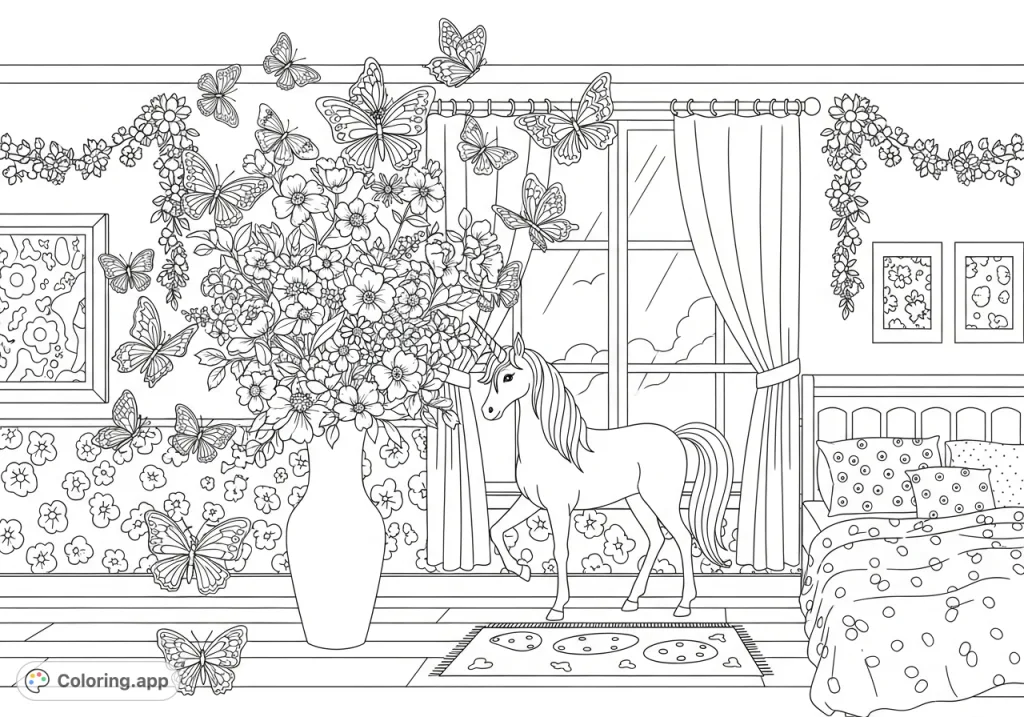 Explore Aprils enchanting room, bustling with a graceful unicorn, fluttering butterflies, and abundant flowers. A whimsical scene perfect for imaginative coloring.