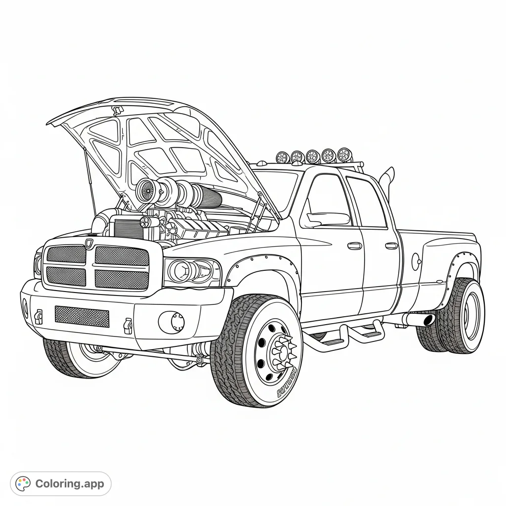 A powerful custom Dodge 3rd gen Cummins dually truck, lowered with an open hood revealing a big turbo and custom engine details, wide tires, and unique styling.