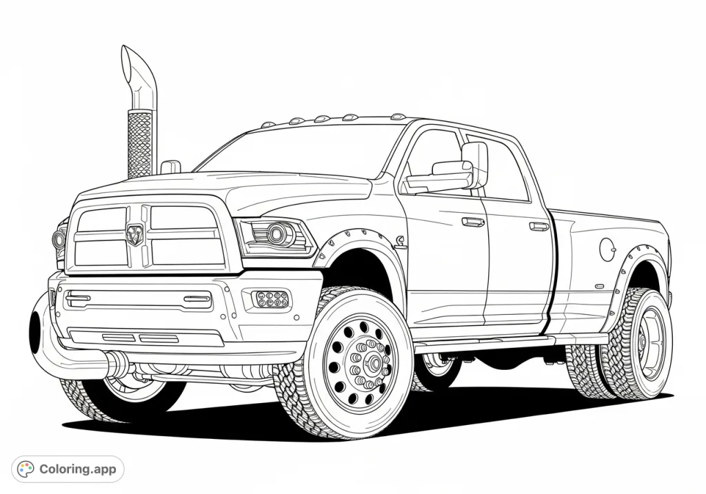 Unleash your creativity with this detailed 2nd Gen Dodge Ram dually coloring page, featuring JTX forged wheels, aggressive side-exit exhaust, and LED lights.