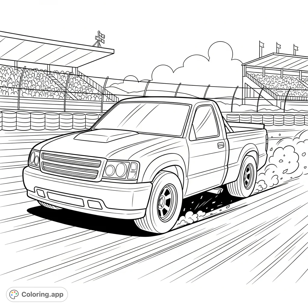 Get ready to color a high-octane pickup truck racing scene! This action-packed page features a powerful truck speeding on a track, perfect for enthusiasts.