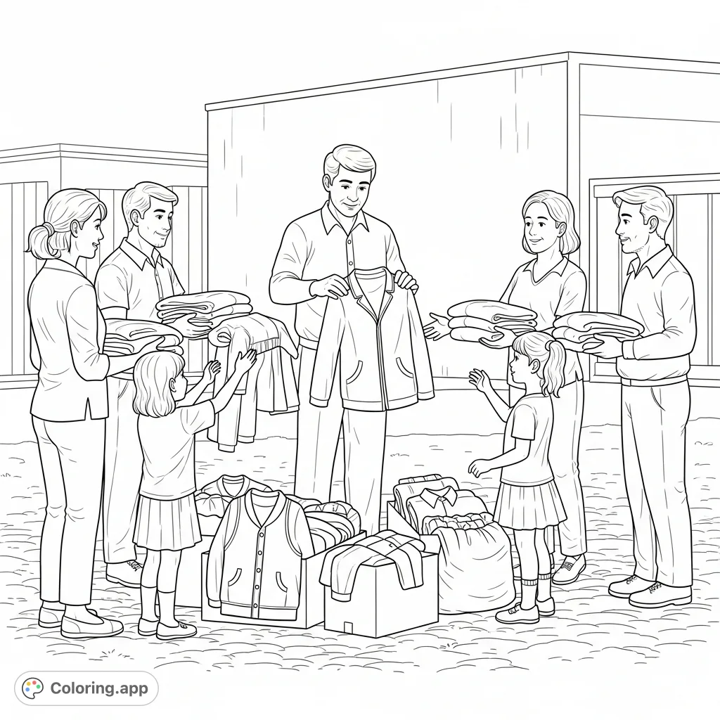 Discover a heartwarming community clothing drive, featuring kind individuals distributing garments to those in need. Celebrate compassion and generosity in this inspiring scene.