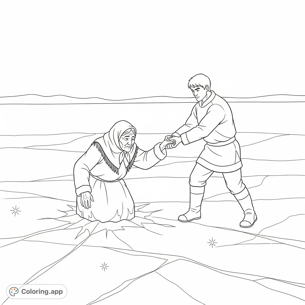 A powerful folktale moment: a man heroically pulls the old woman Taal-Taal from the ice, symbolizing the strength of mind and love of life.
