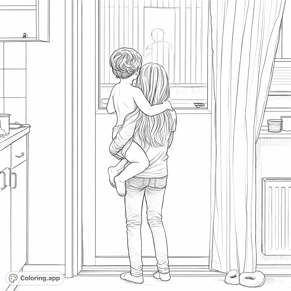 Capture a tender moment of siblings looking out a window. This realistic family scene coloring page features intricate details of an indoor setting and outdoor view.