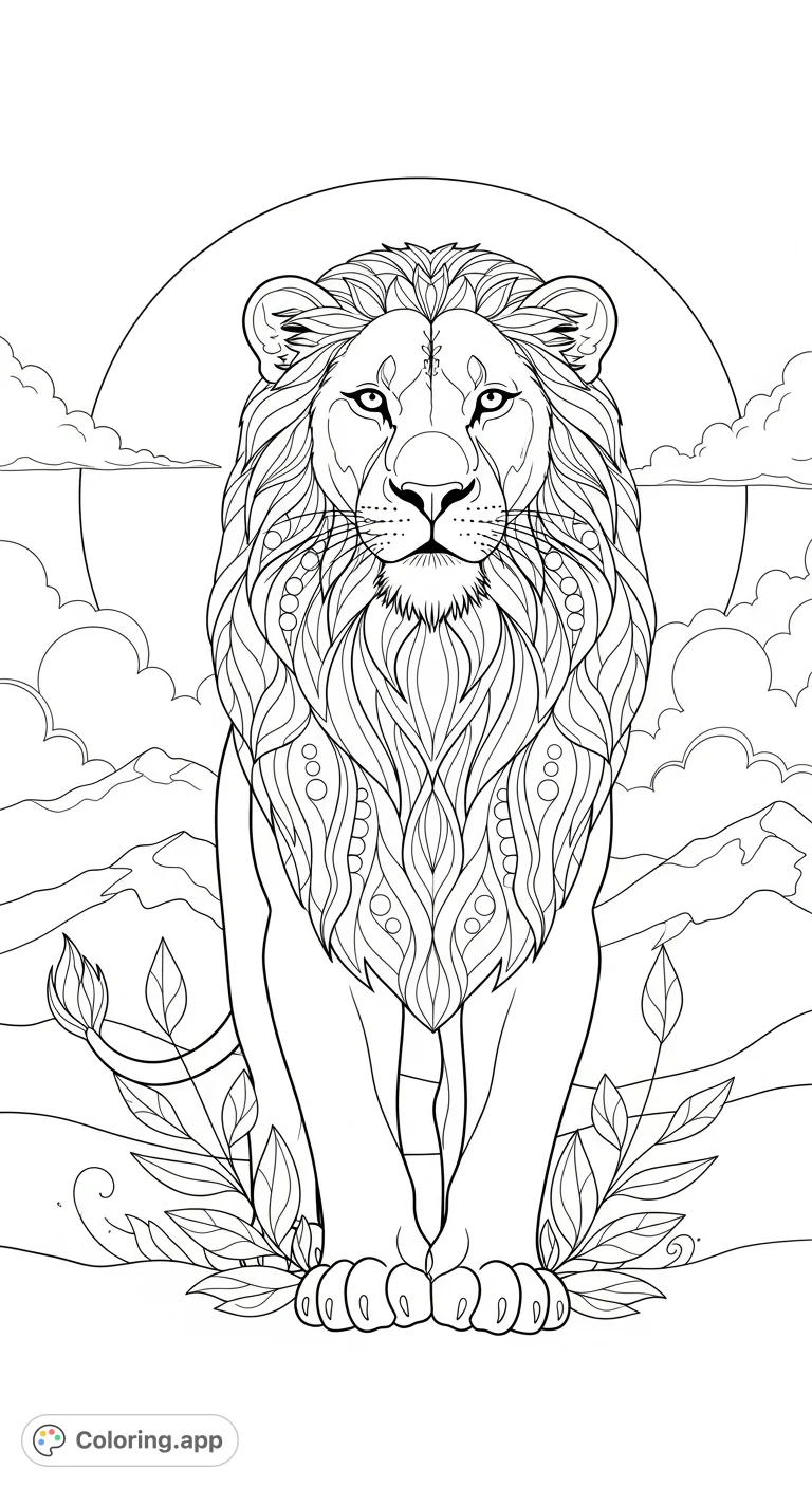 Discover a regal lioness adorned with floral motifs, embodying feminine strength and beauty amidst a serene, stylized landscape. A powerful animal coloring page.