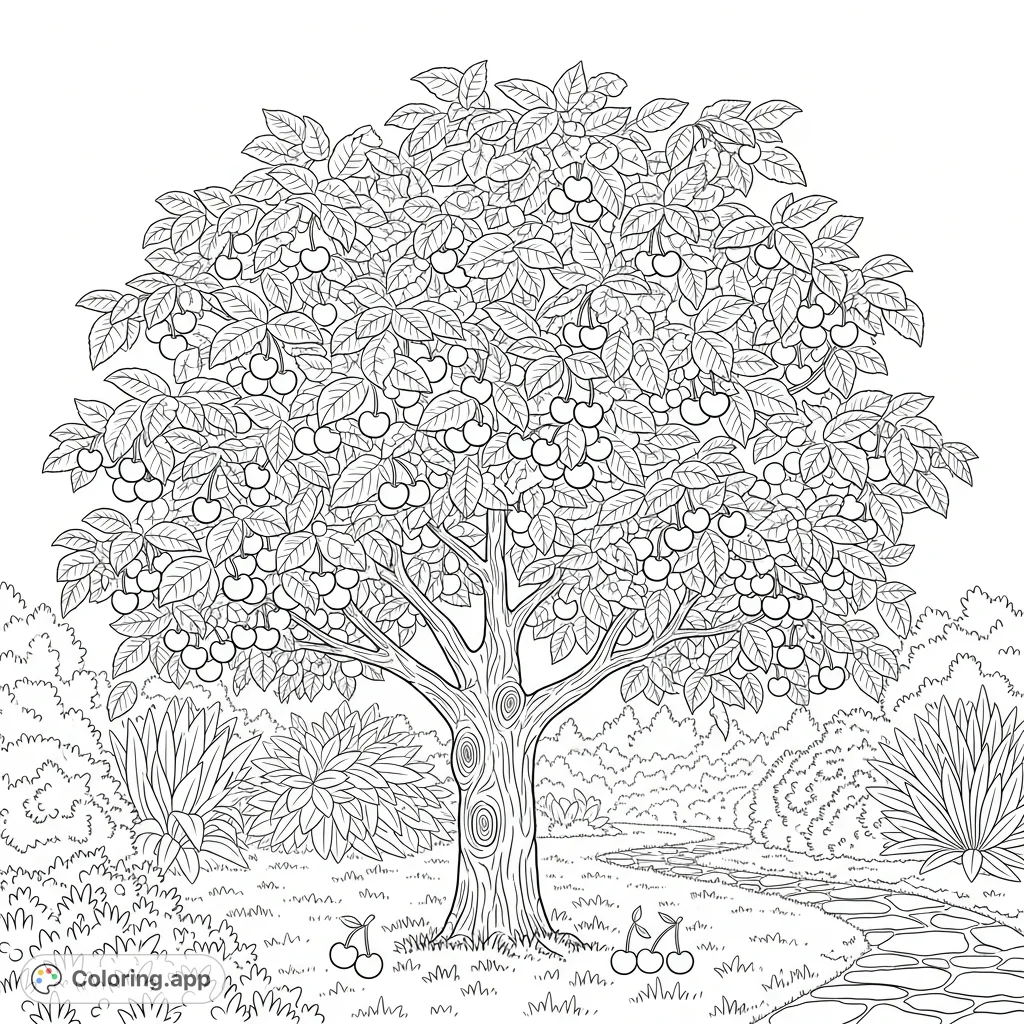 A beautiful cherry tree laden with ripe fruit in a peaceful garden setting. Perfect for a relaxing nature-themed coloring page, offering intricate details.