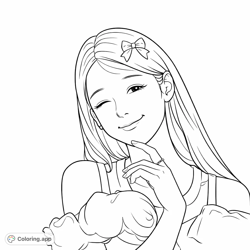 A delightful portrait of a young person winking playfully, featuring a charming bow hair clip and a gentle smile. Perfect for a fun coloring experience.