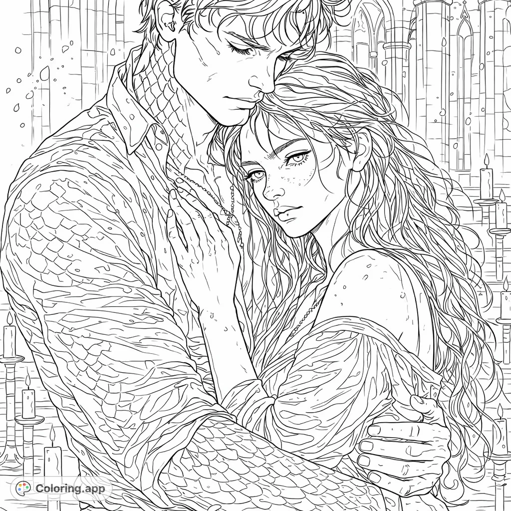 A dramatic fantasy coloring page featuring an intimate embrace between a man and a woman amidst a mysterious, candle-lit gothic setting.