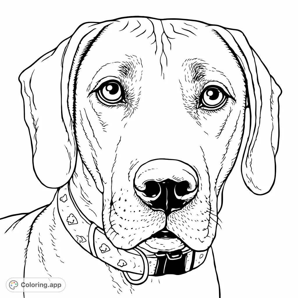 An endearing dog portrait coloring page, featuring expressive eyes, floppy ears, and a patterned collar. Perfect for pet lovers and all ages.