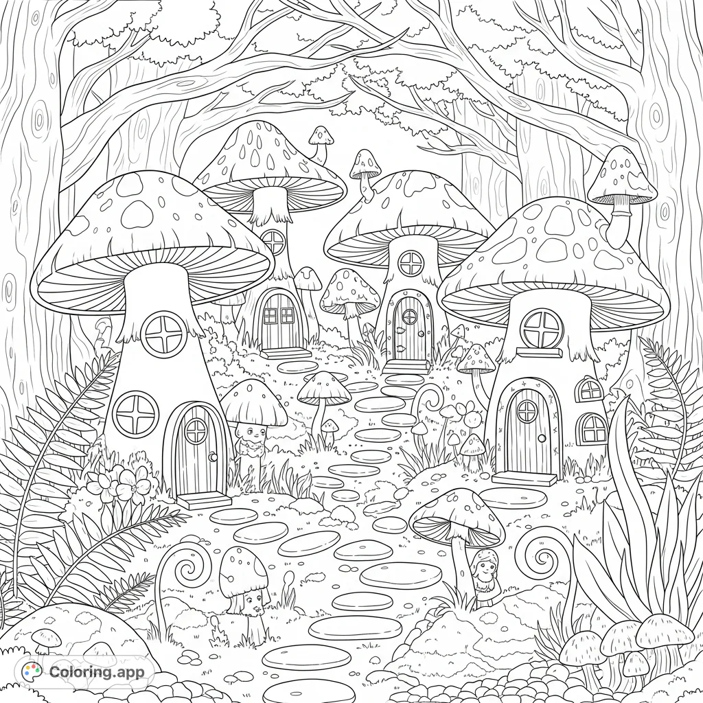 Explore a magical mushroom village in an enchanted forest. Discover whimsical mushroom houses, winding paths, and charming fantasy flora in this captivating scene.