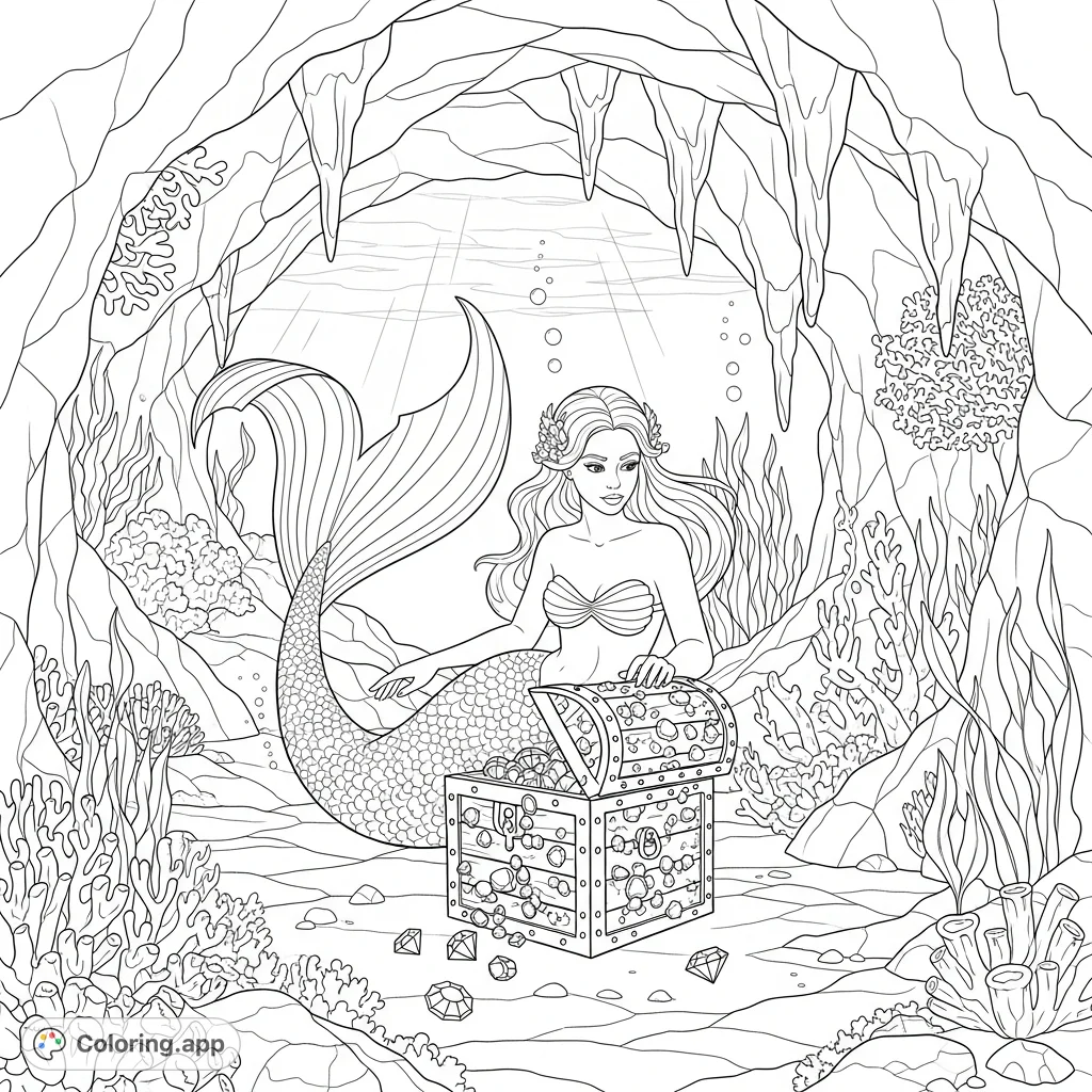 Discover a mystical mermaid in an underwater cave, captivated by an ancient chest overflowing with sparkling jewels. A captivating fantasy scene.