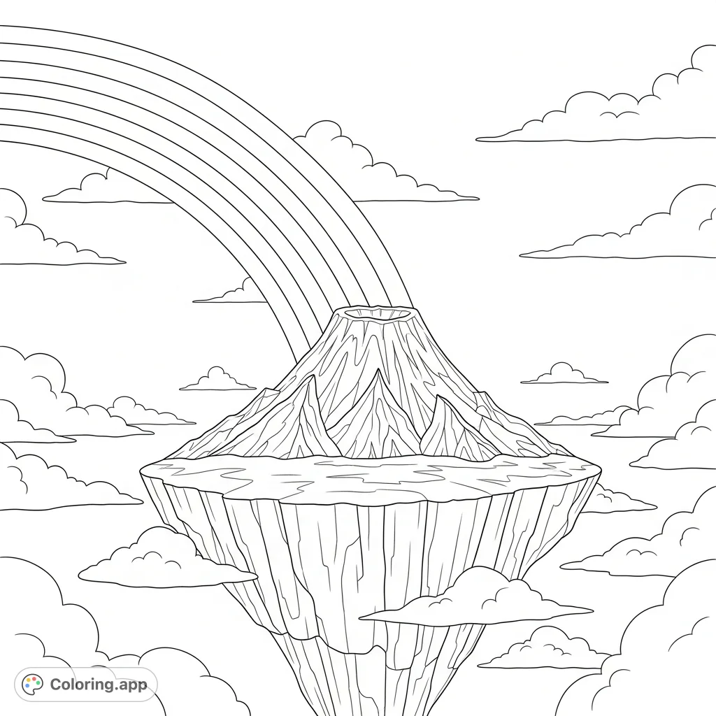 An adventurous sky scene featuring a majestic rainbow arching over a fantastical floating island with a prominent volcano, inviting imaginative coloring.