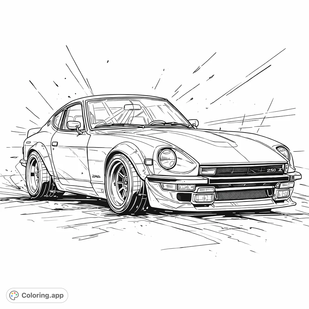 Unleash your creativity on this detailed classic tuner sports car coloring page. Features wide body, aggressive styling, and dynamic action lines.