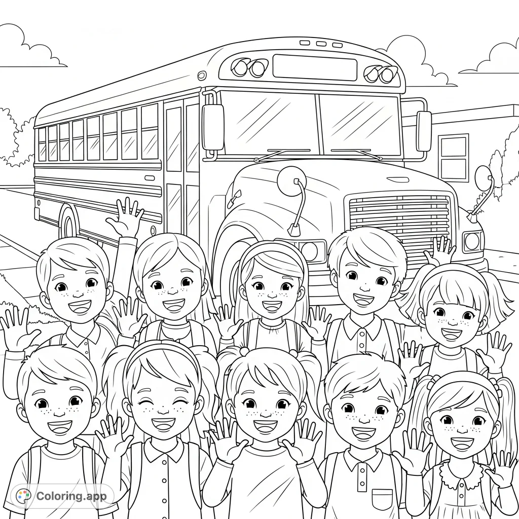 A delightful school bus coloring page featuring smiling children waving. Perfect for young colorists, promoting creativity and fine motor skills.