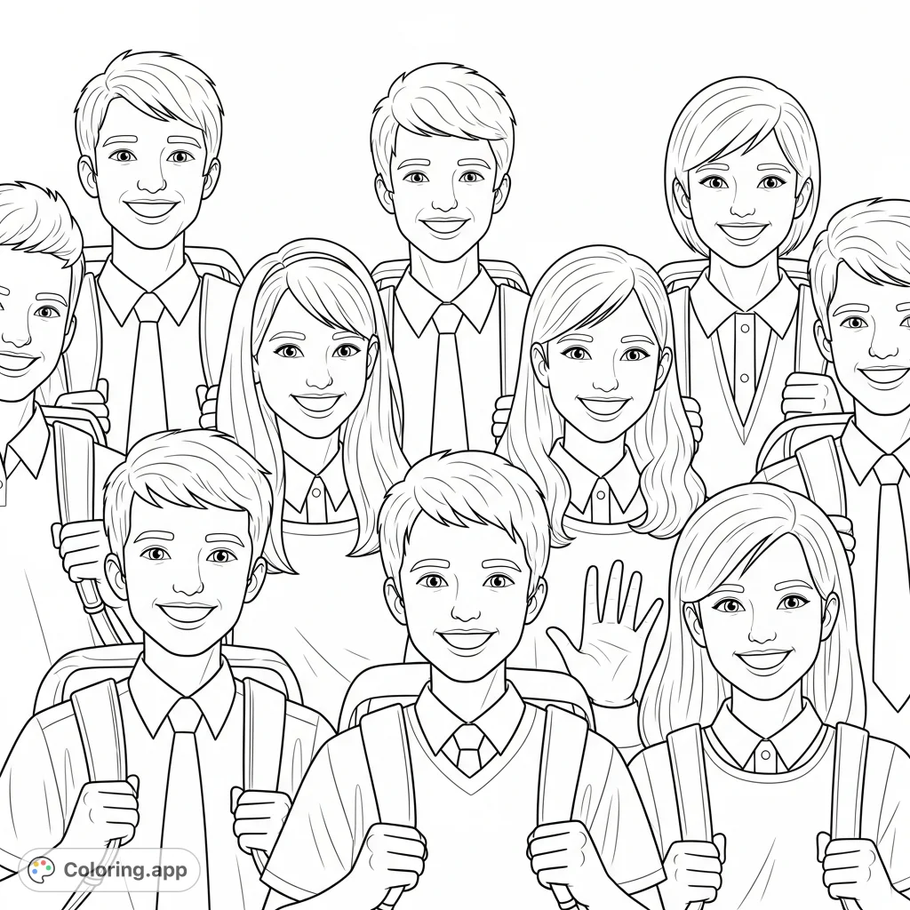 Capture the joy of school with this students portrait faces coloring page. Features smiling students in school uniforms, carrying backpacks and waving.