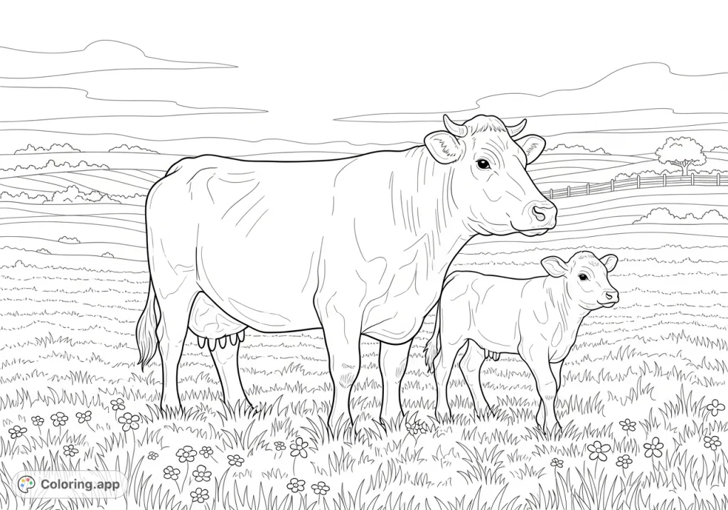 A heartwarming free printable farm animals coloring page featuring an adult cow and her calf in a serene pasture, perfect for all ages to enjoy.