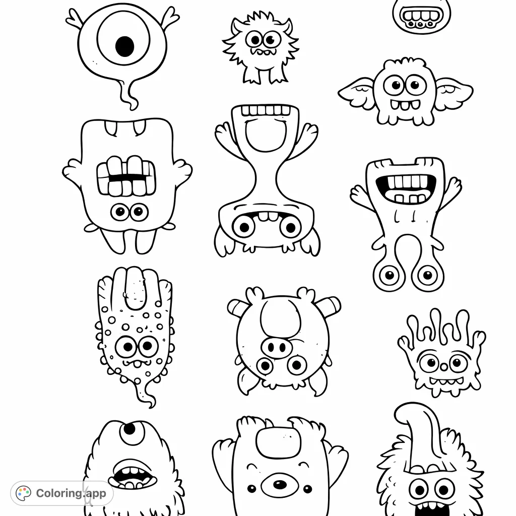 Discover a collection of quirky, cartoony monsters with big smiles, many eyes, and silly shapes. A fun and imaginative coloring adventure for all ages.