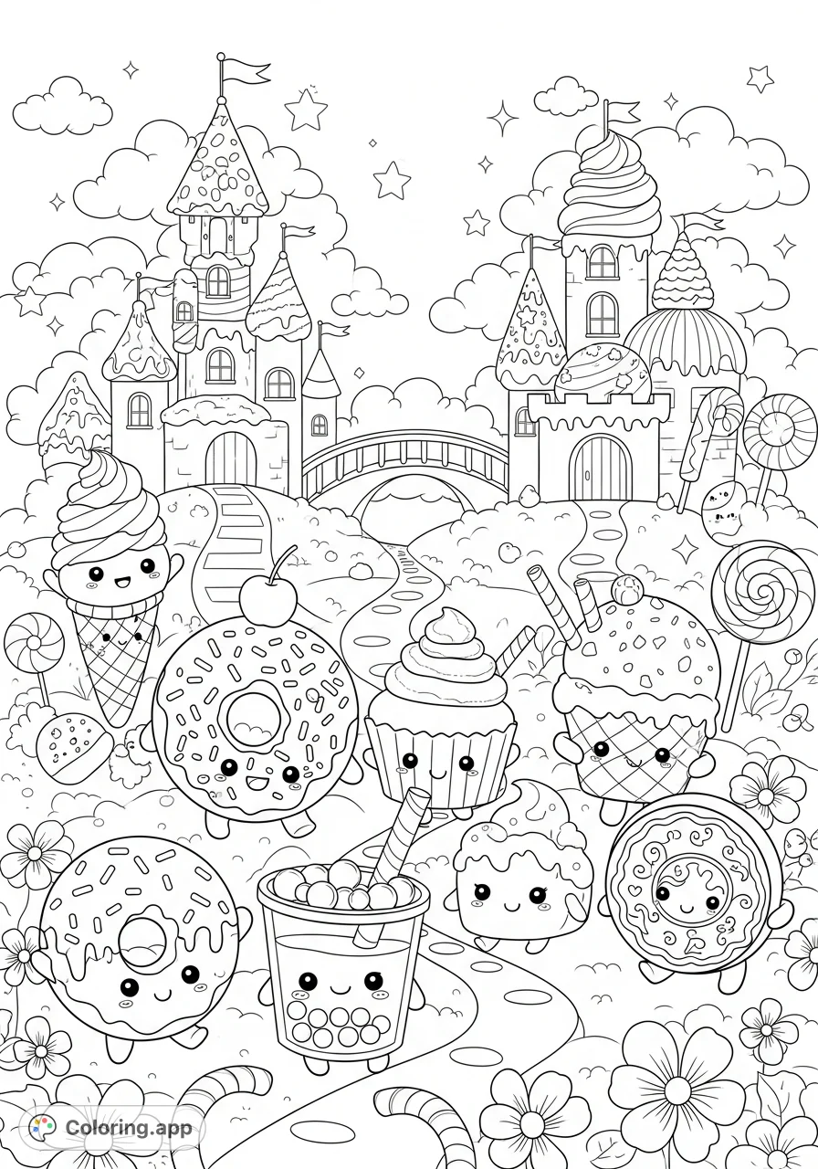 Explore a whimsical candy kingdom with adorable smiling food characters like donuts, cupcakes, and ice cream on a magical adventure. Perfect for creative fun!