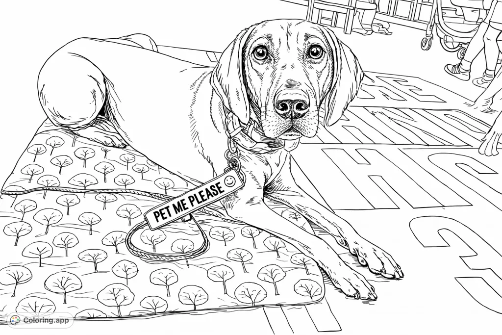 An adorable hound dog lies patiently on a patterned mat with a 'Pet Me Please' tag. A sweet and inviting scene for all dog lovers to color.