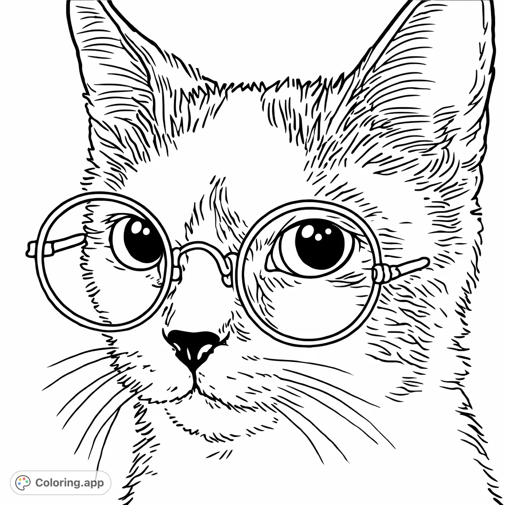 A charming close-up of a clever cat wearing spectacles, inviting a creative coloring adventure. Perfect for cat lovers and whimsical animal designs.