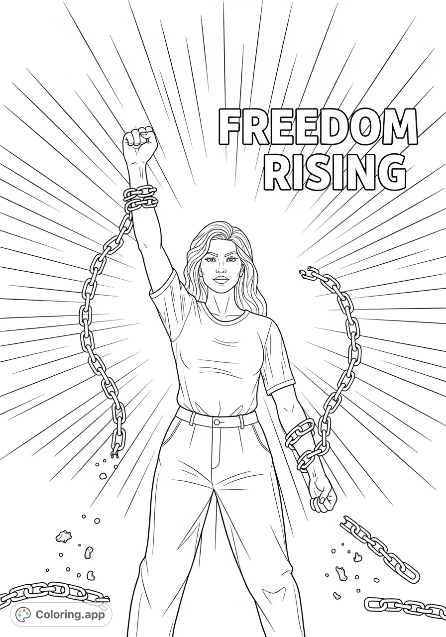 Celebrate Juneteenth with a powerful woman raising her fist, broken chains falling, and "FREEDOM RISING" text, symbolizing liberation and triumph.