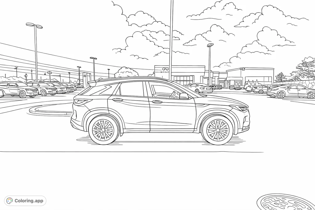 Color a sleek modern SUV parked at a bustling car dealership. This detailed automotive coloring page captures an urban scene with various vehicles and architectural elements.