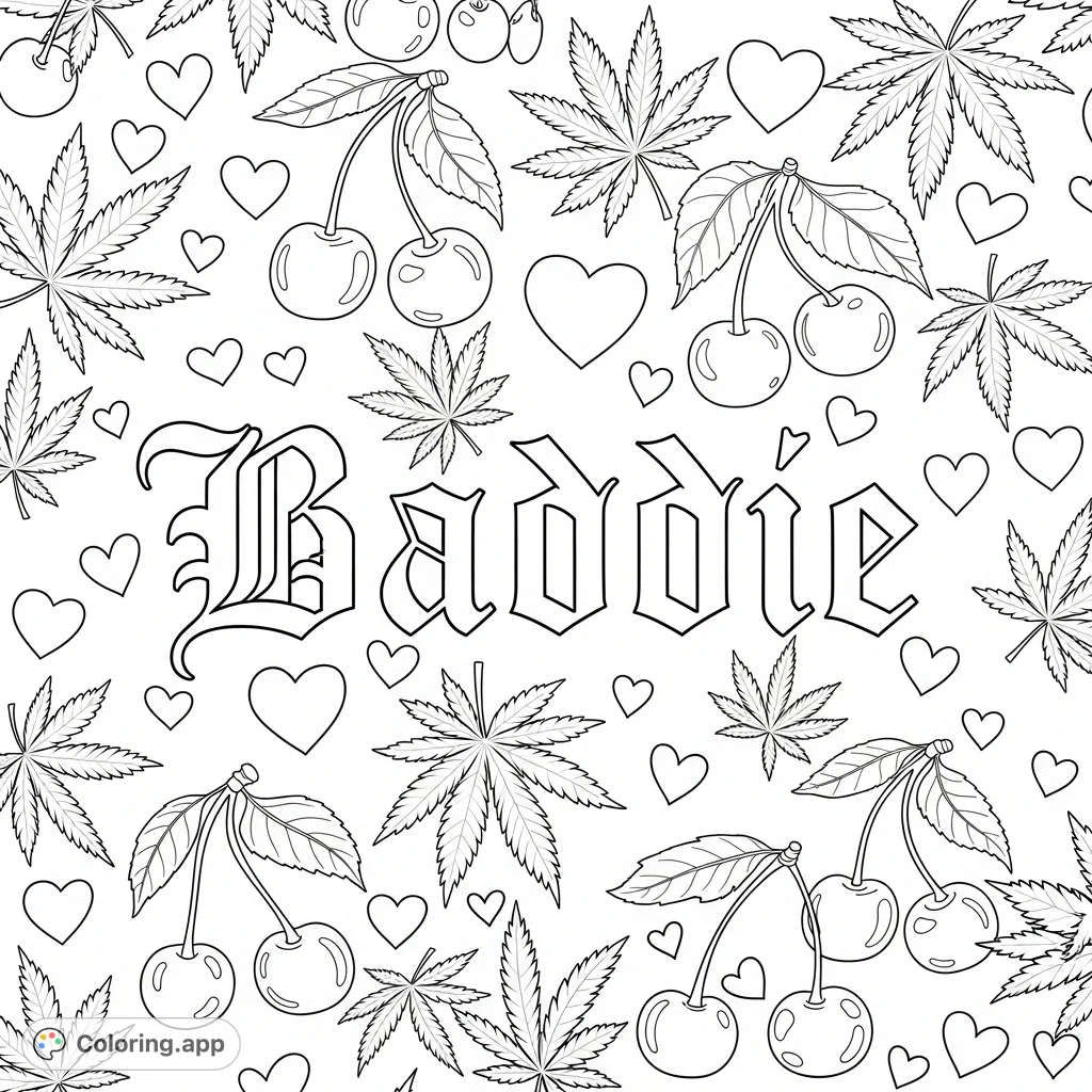 An edgy 'Baddie' gothic font design adorned with scattered hearts, luscious cherries, and distinct marijuana leaves. A unique and bold coloring page.