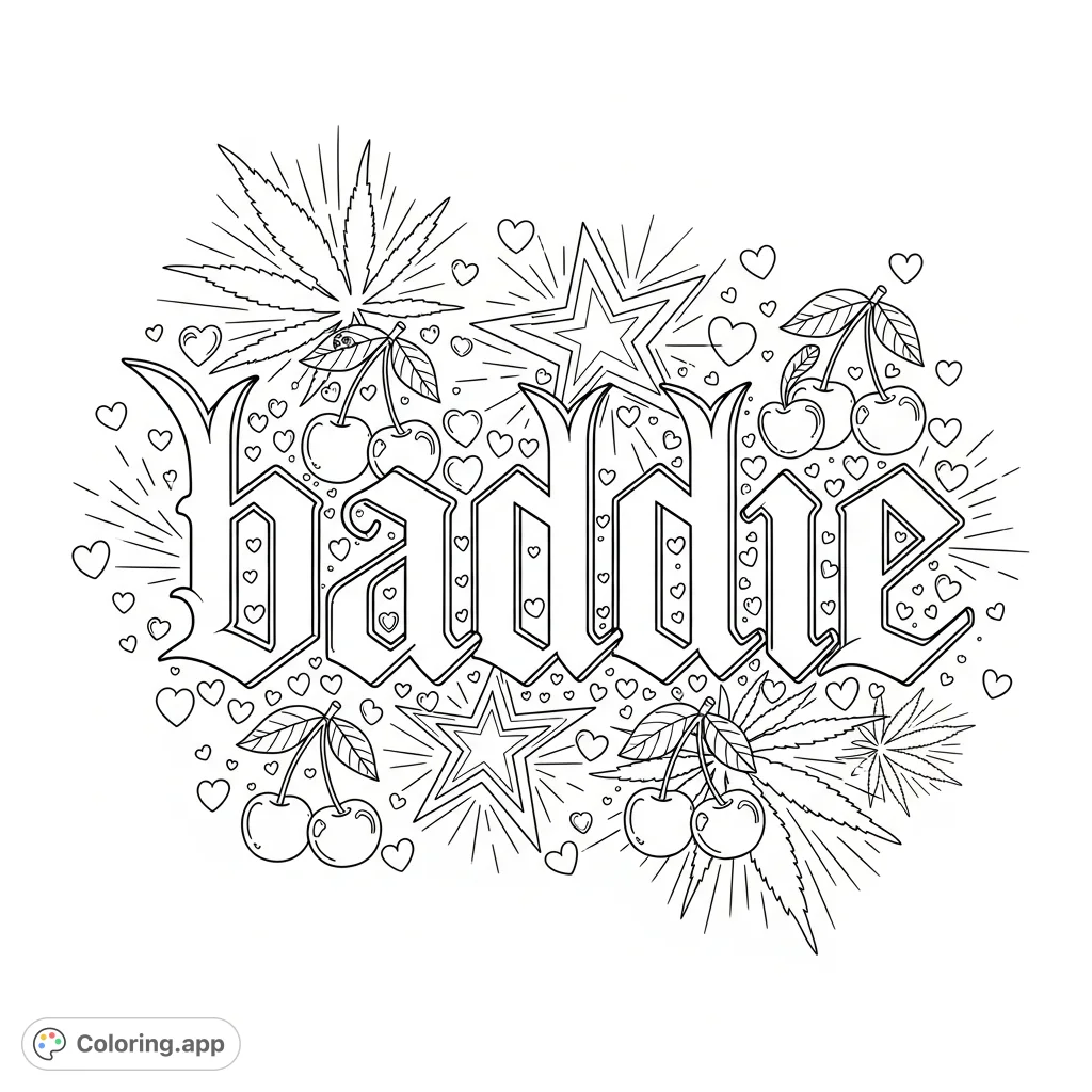 A bold gothic graffiti 'baddie' design adorned with tiny hearts, cherries, and stylized stars, interwoven with marijuana leaves for a detailed, edgy coloring experience.