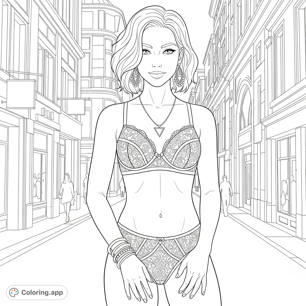 Color a confident female character in an intricate lace two-piece, set against a bustling urban street with detailed architecture and subtle background figures.