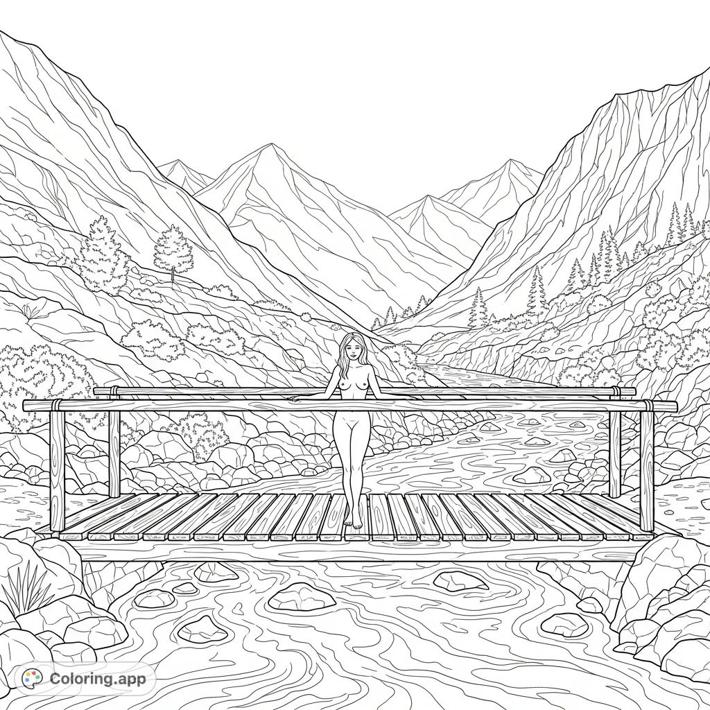 A serene naked woman stands on a rustic wooden bridge over a flowing mountain river, surrounded by majestic peaks. An adult nature coloring page.
