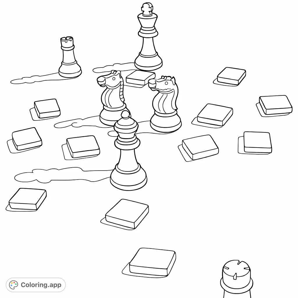 An engaging chess pieces coloring page featuring a queen, knights, and rooks amidst scattered tiles, perfect for strategists and art enthusiasts.