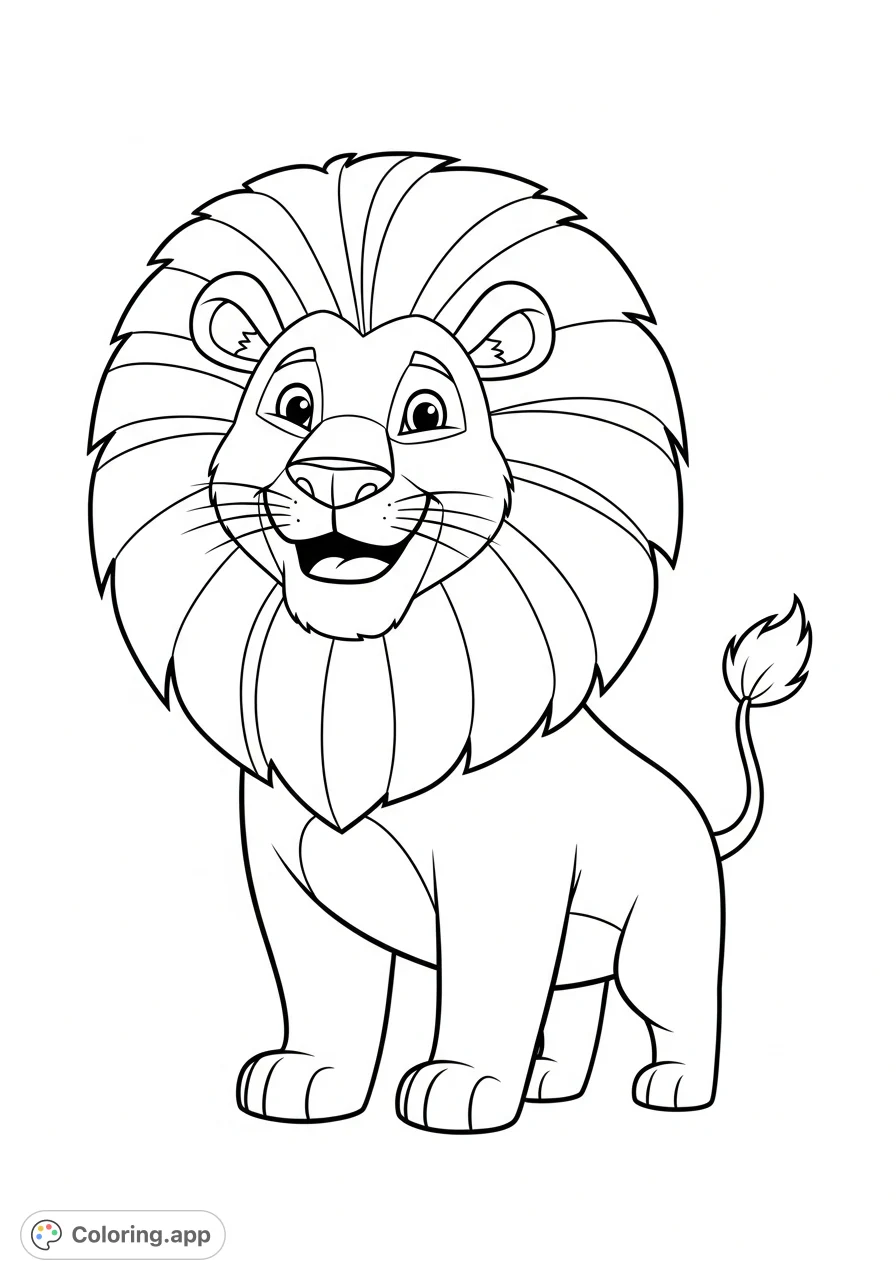 A delightful cartoon lion with a large, friendly mane and a wide, cheerful smile, perfect for young artists to enjoy. A charming free printable animal coloring page.
