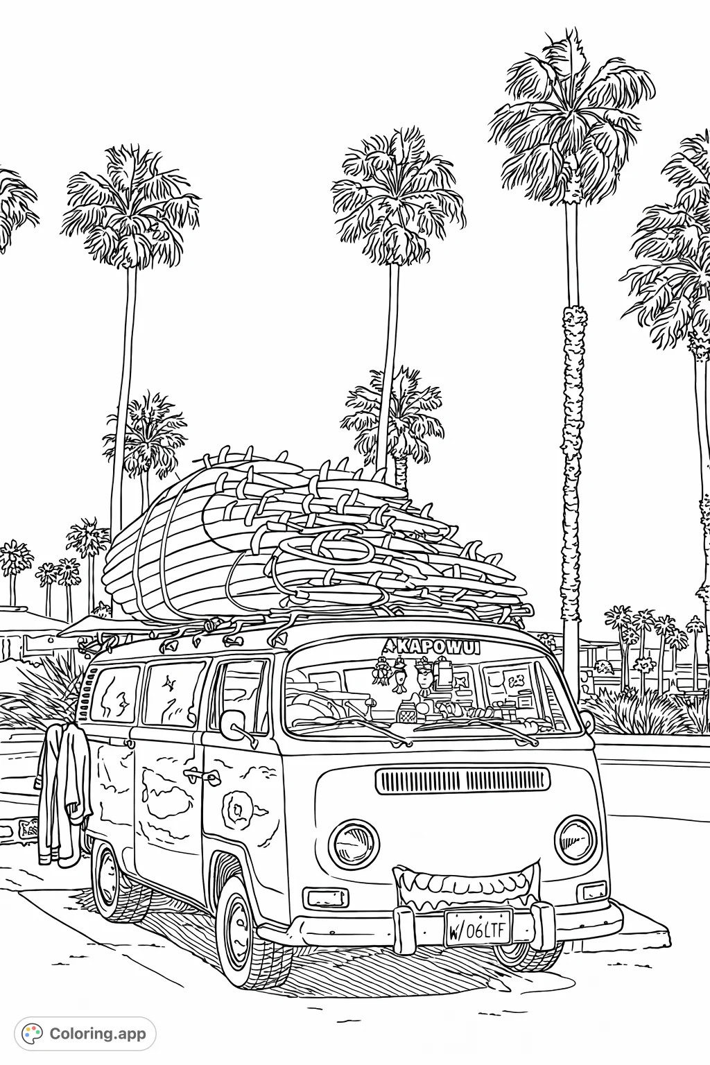 Embark on a creative journey with this detailed surf van coloring page, complete with a stack of surfboards, bikes, and palm trees under a sunny sky.