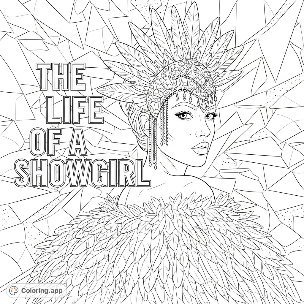 A stunning showgirl portrait with an elaborate feather garment, a star-shaped headpiece, and a dynamic geometric background, featuring 'THE LIFE OF A SHOWGIRL' text.