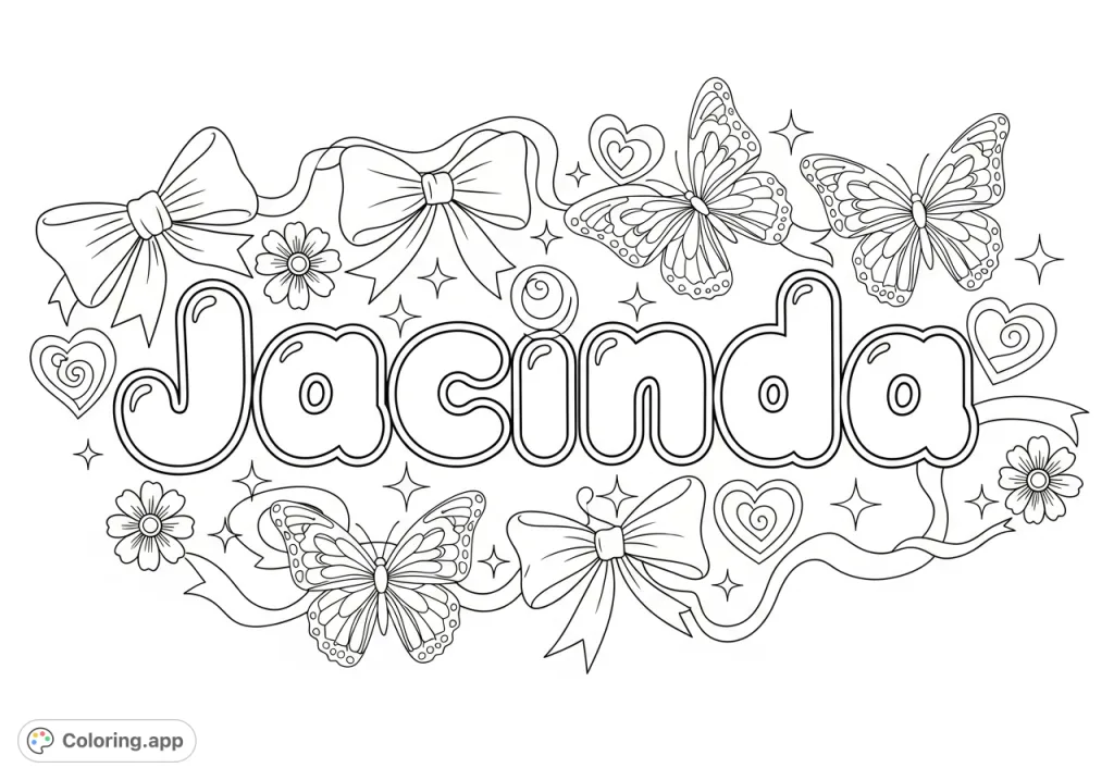 A whimsical coloring page featuring the name Jacinda in playful bubble letters, adorned with charming bows, elegant butterflies, and delightful floral accents. Perfect for personalization.